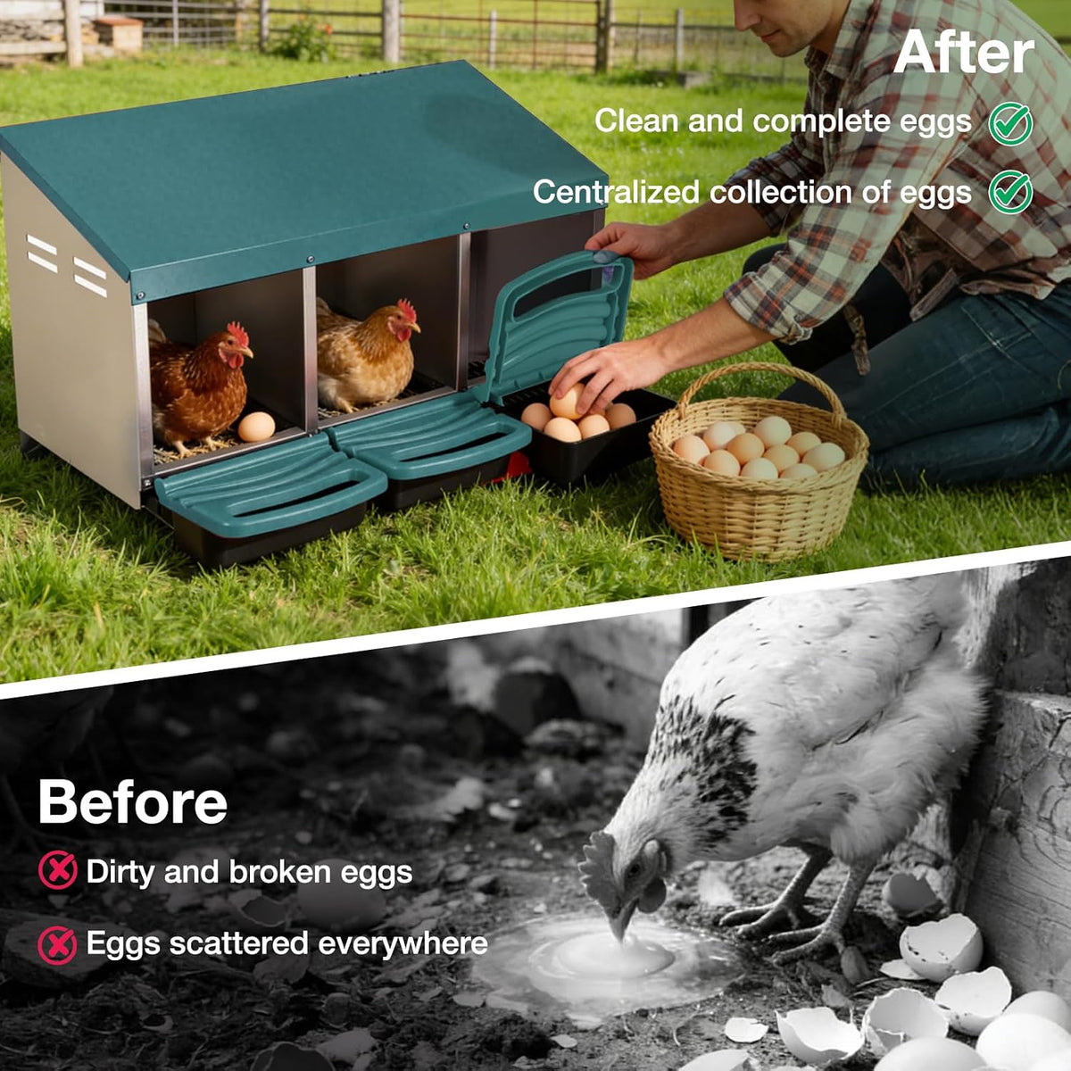 Chicken Nesting Boxes, 3 Compartments Egg Collection with Removable Drawer, Chicken Metal Laying Nest Box for Hens