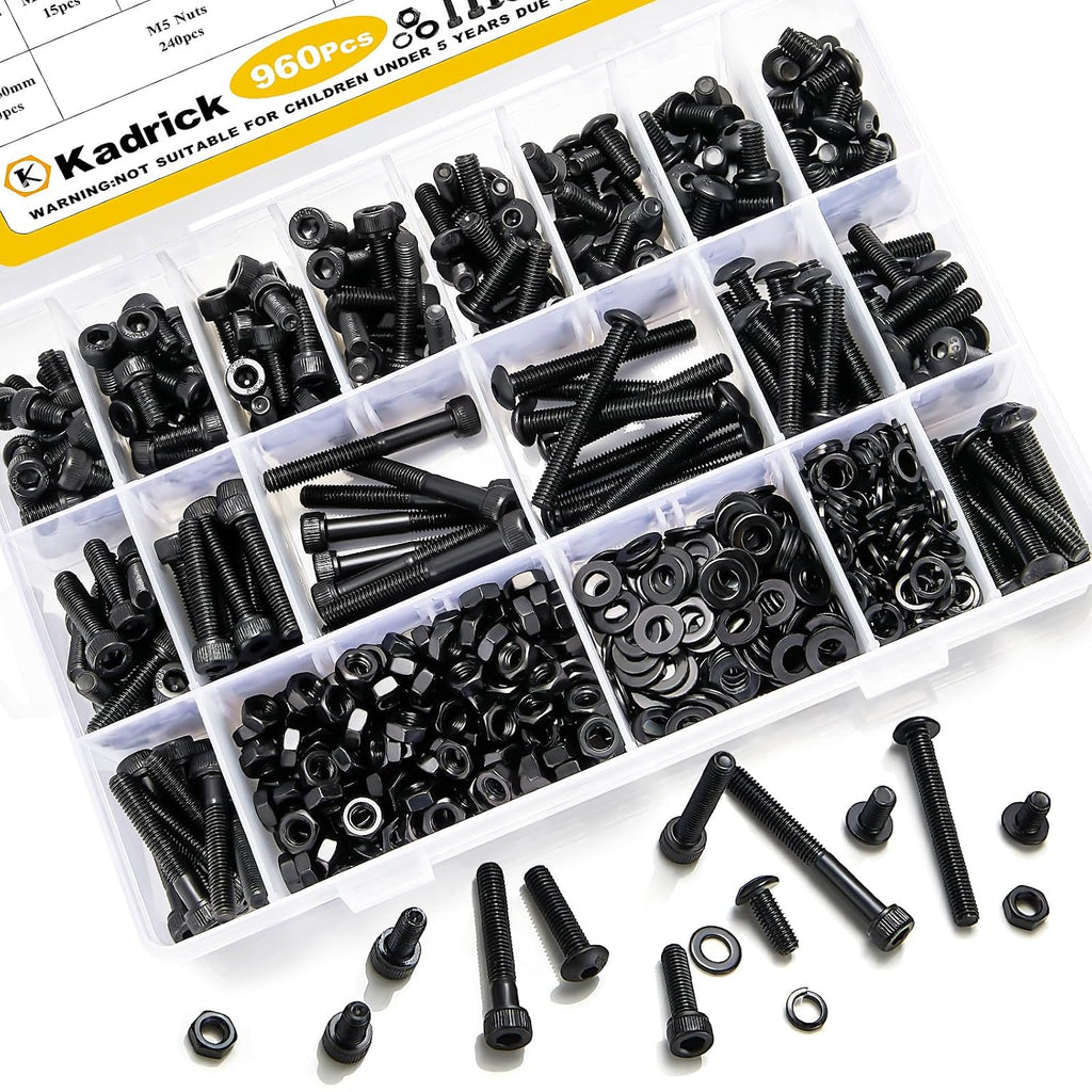 KADRICK 960PCS M5 Screws Assortment,Hex Socket Button & Cap Head M5 Bolts