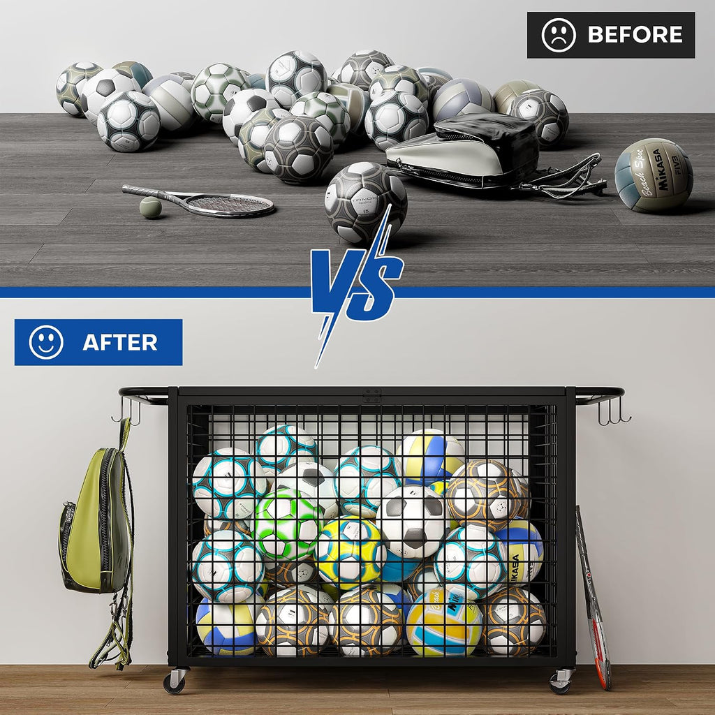 41.7" Extra Large Ball Cart Storage Rolling with Lockable Wheels Lid | Removable Handle, Holds Up to 36 Balls