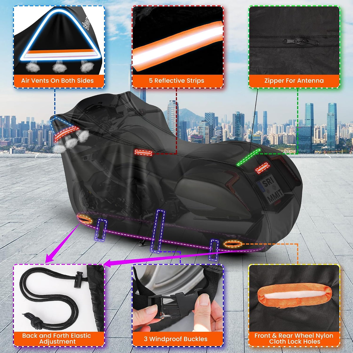 420D Motorcycle Cover Waterproof, Heavy Duty Nano Coating Rain UV,3XL