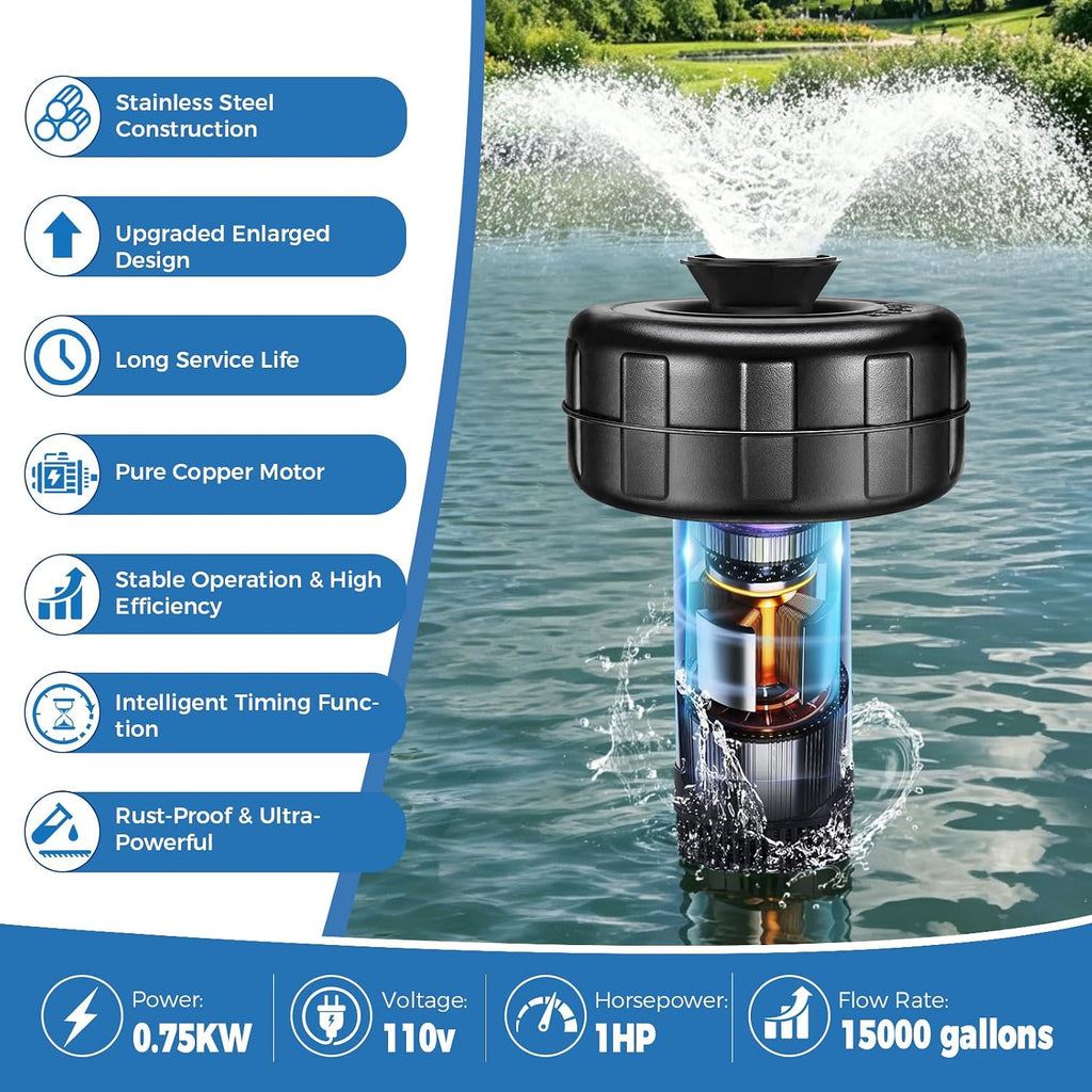 Pond Fountain Aerator, 1HP 110V 15000 GPH Stainless Steel