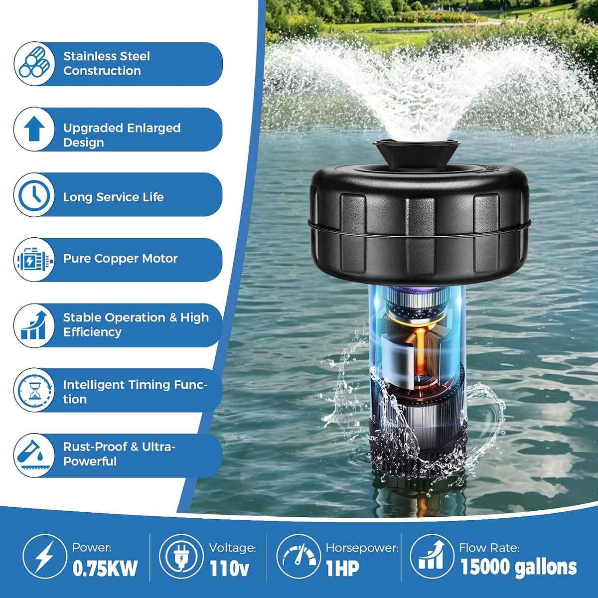 Pond Fountain Aerator, 1HP 110V 15000 GPH Stainless Steel