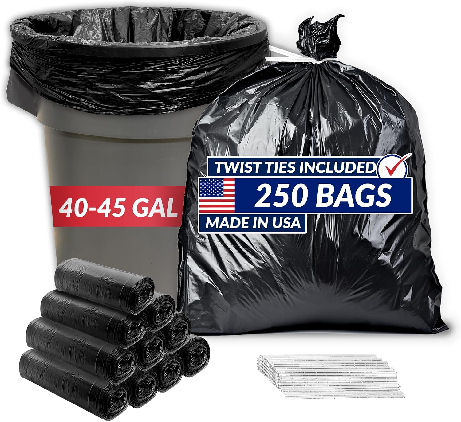 40 to 45 Gallon Trash Bags Heavy Duty | 250 Trash Bags, Twist Ties | Black, Serious Garbage Cleanup | Large Garbage