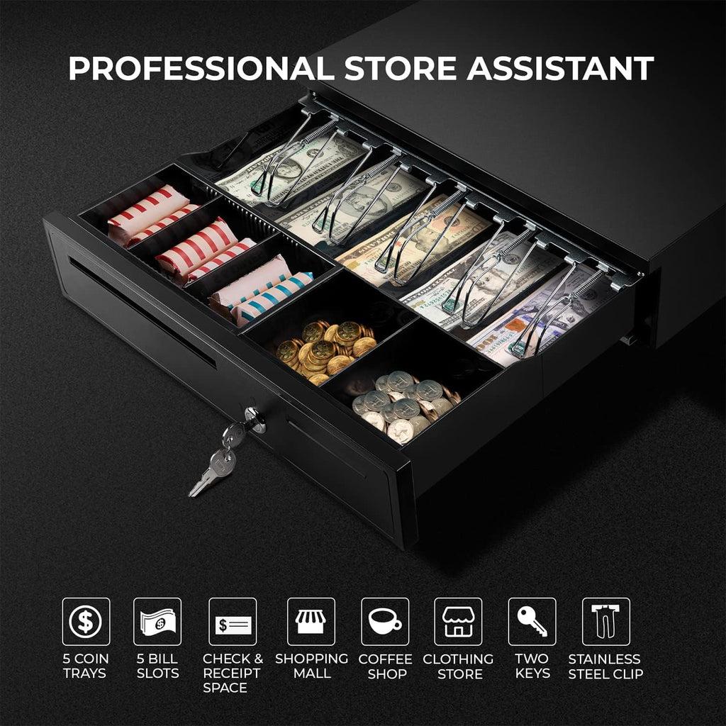 Black Cash Register Drawer 16" Black 5 Bill 5 Coin RJ11 RJ12 | Wide drawer with removable coin tray and 2 key-lock