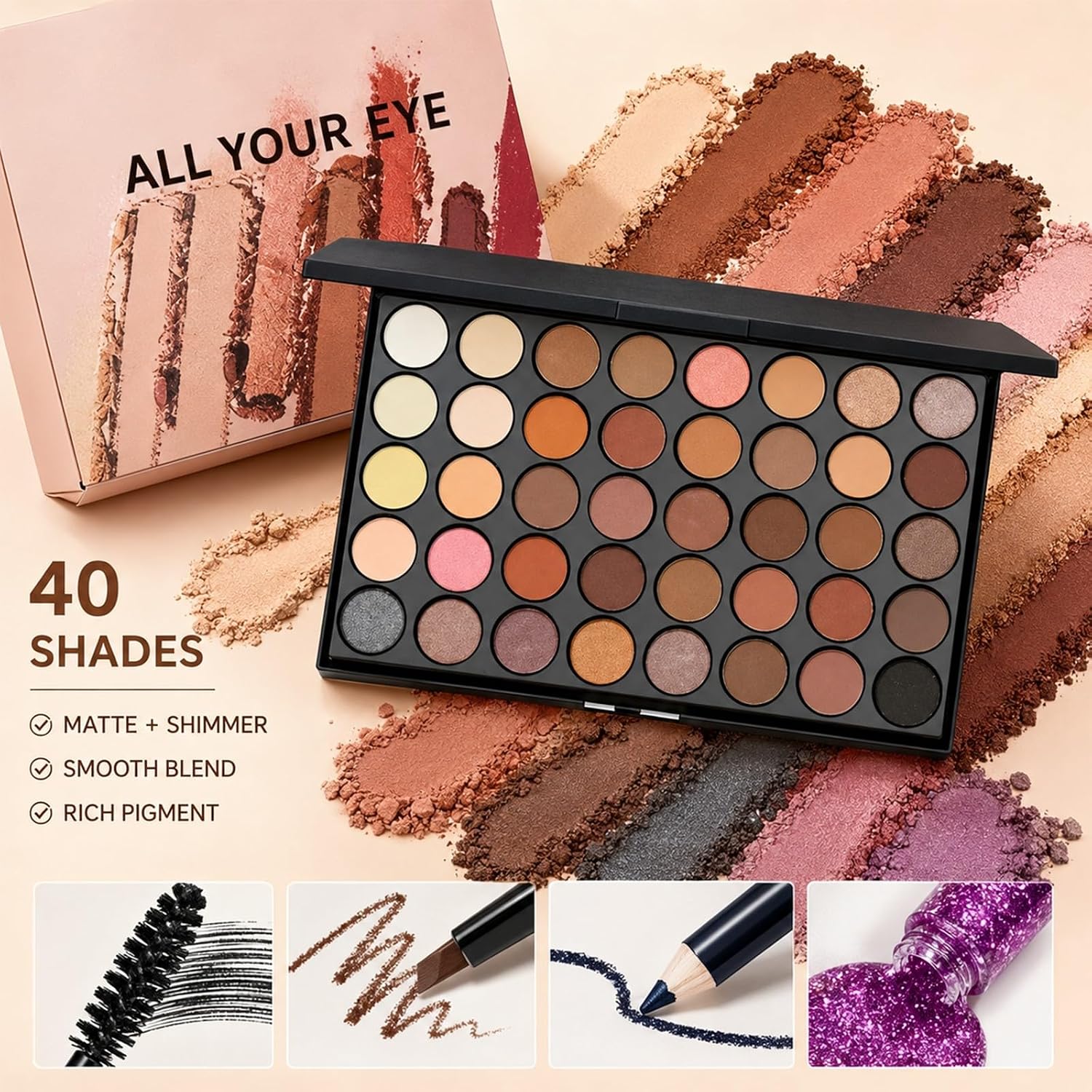 40-Color Eyeshadow Palette Eye Makeup Set(Pink) | 40 Color Shade Palette All-in-One Kit Begineer Friendly Full Eye