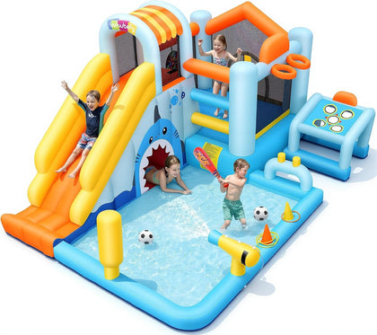 24-in-1 Unicorn Shark Cave Inflatable Water Slides Bounce House Wet Dry Park for Kids Backyard with Blower