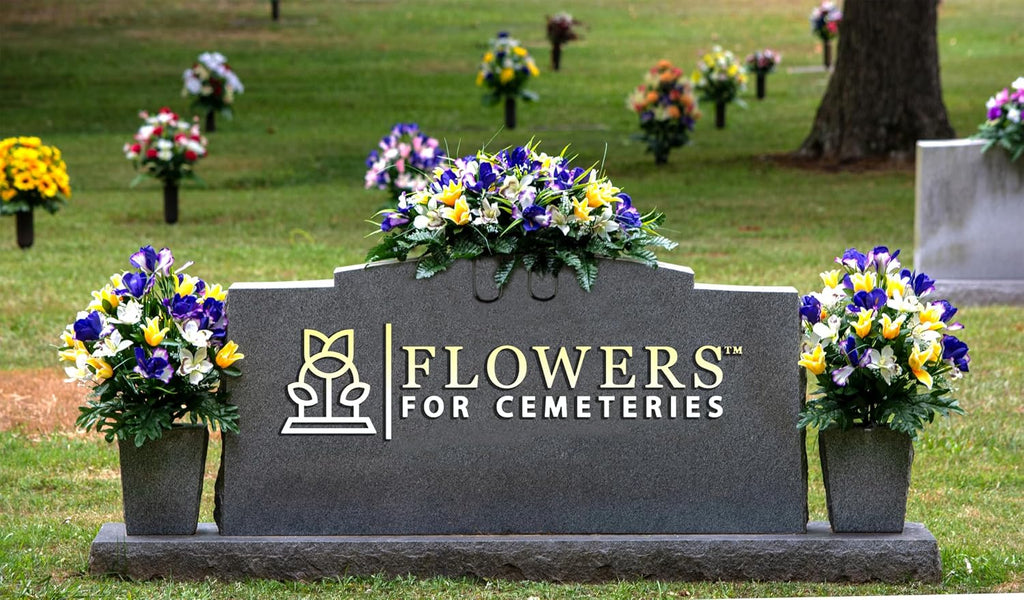 Artificial Cemetery Flowers - Grave Decoration - Yellow Tulips and Purple Iris (1) Headstone Saddle (2) Bouquets