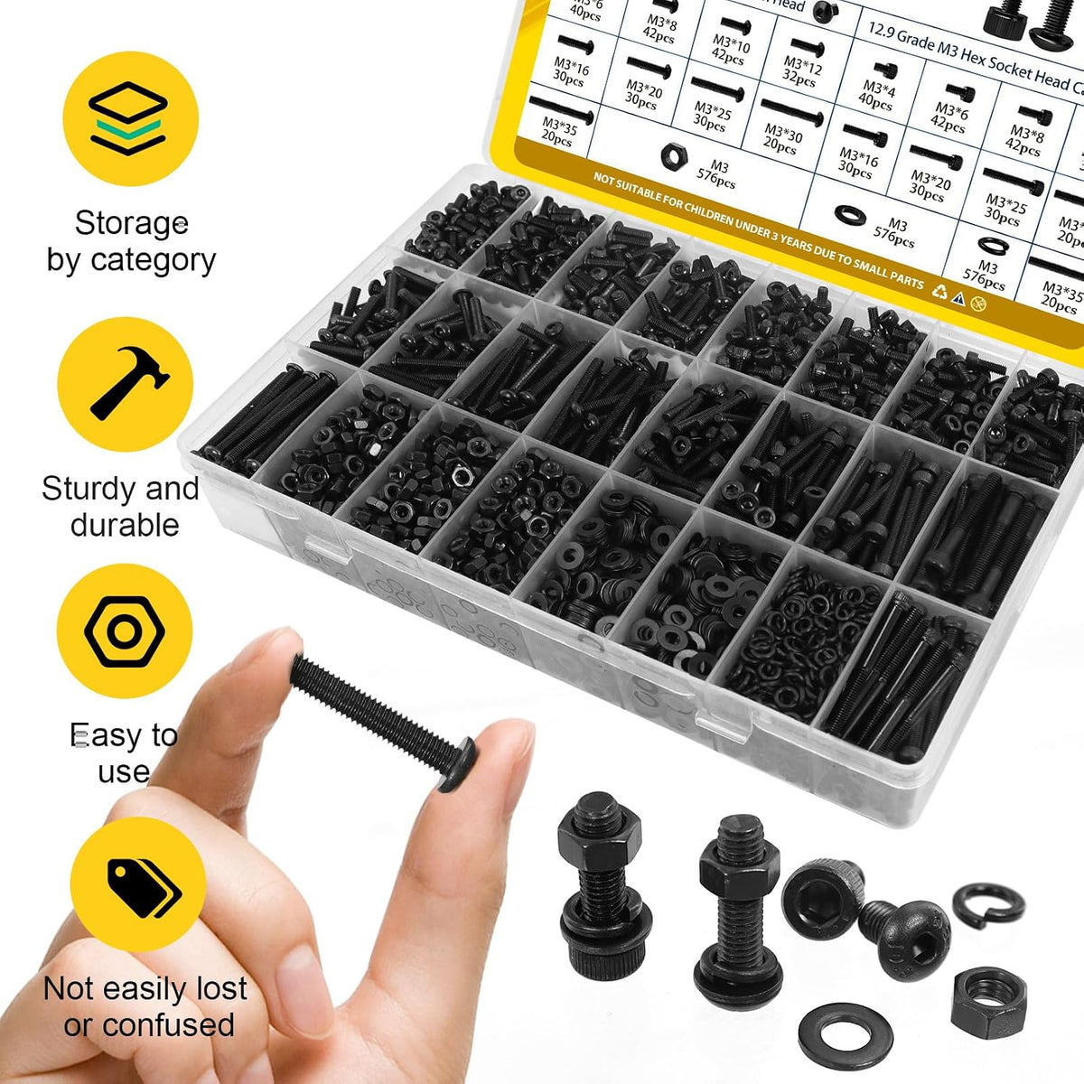2300PCS M3 Hex Socket Head & Button Head Screws Nuts Assortment Kit