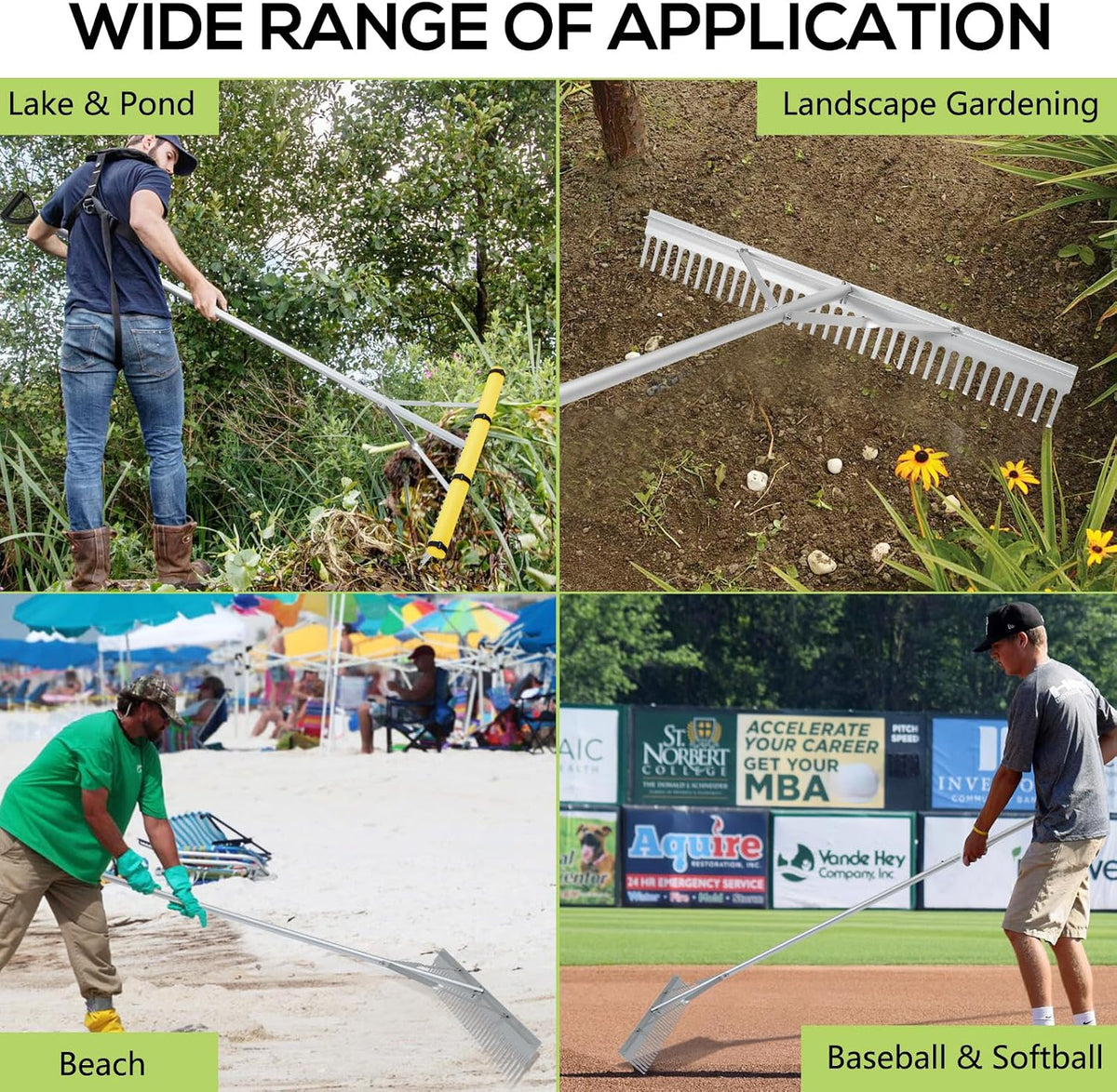 Floating Lake Rake, 36" Aluminum All Purpose Lake and Landscape Rake with 102'' Extension Handle and 52Ft Rope, Weed