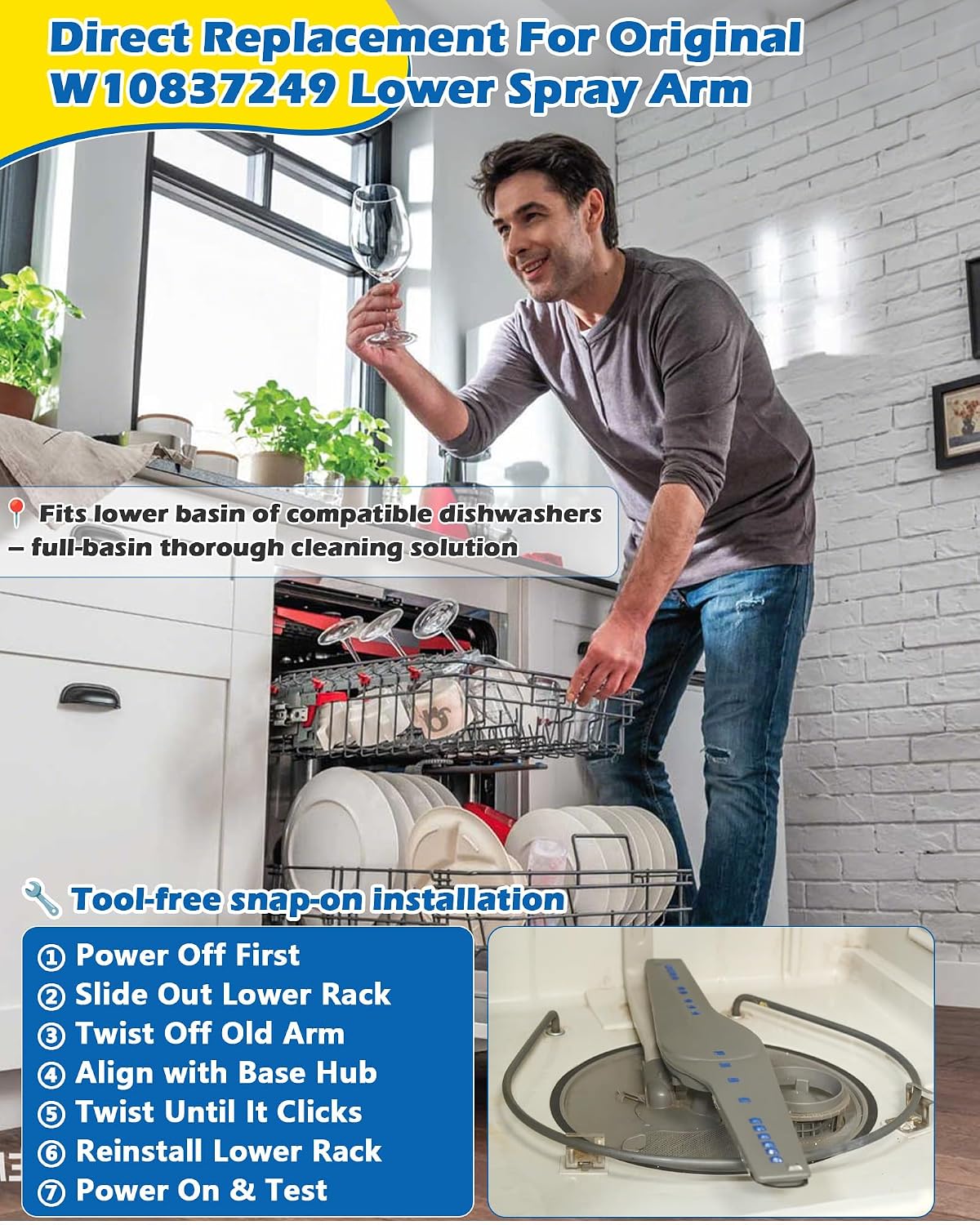 IWIWE W10837249 Upgraded Lower Spray Arm Replacement for Whirlpool Dishwashers | Fits WDT750SAHZ0 WDTA50SAHZ0 WDT970SAHZ0 | Replaces W10629546 AP5988717 PS11727921 W10838302 4363314