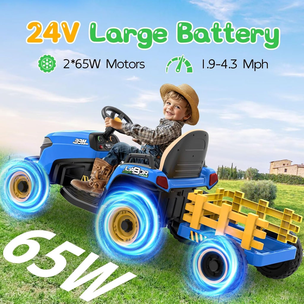 24V Ride On Tractor w/Tiltable & Detachable Trailer, EVA Tires, Up to 4.3Mph, Ride On Toys with Parental Remote