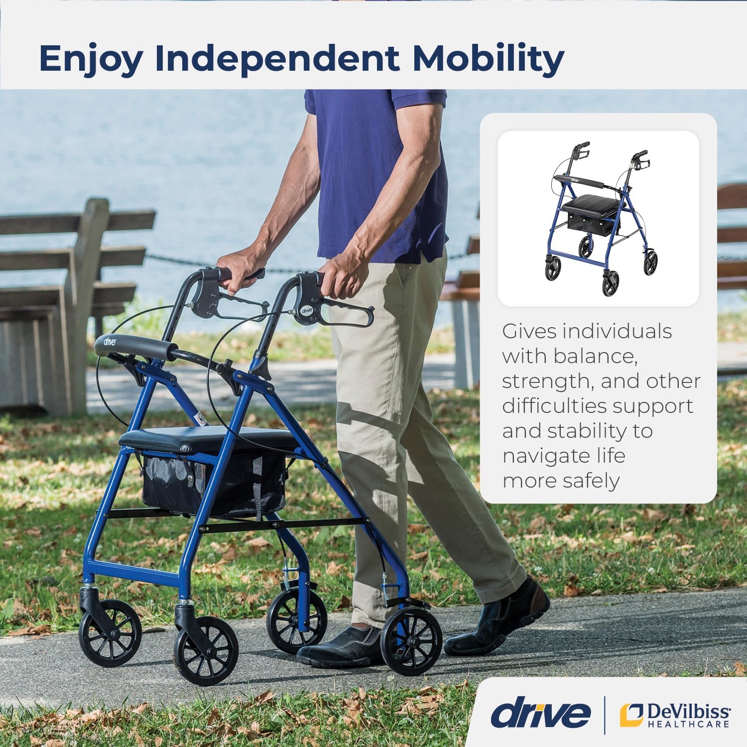 R728BL Foldable Rollator Walker with Seat, Blue