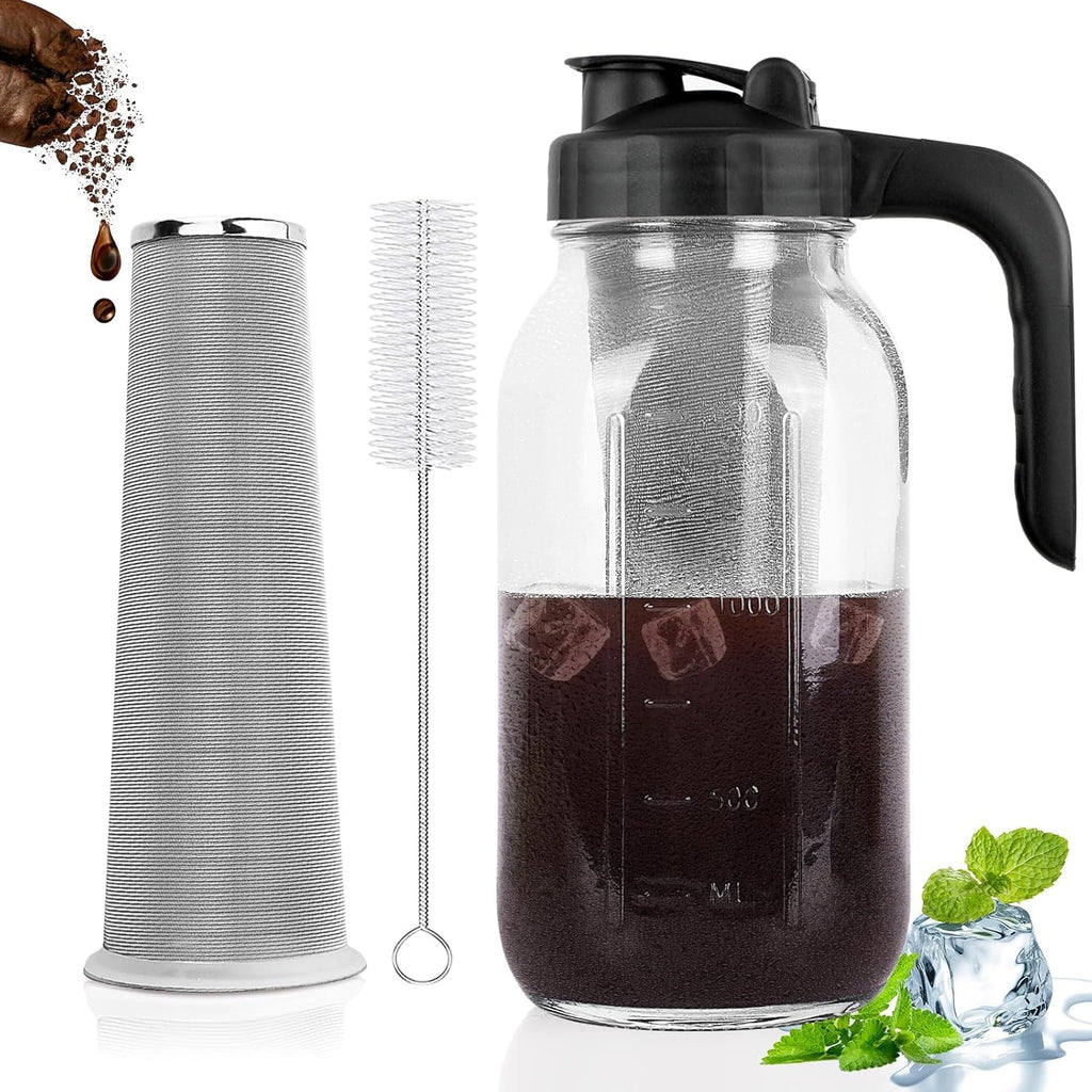 Cold Brew Coffee Maker Pitcher, 64 Oz Heavy Duty Glass Mason Jar Pitcher with V-shaped Pour Spout Handle