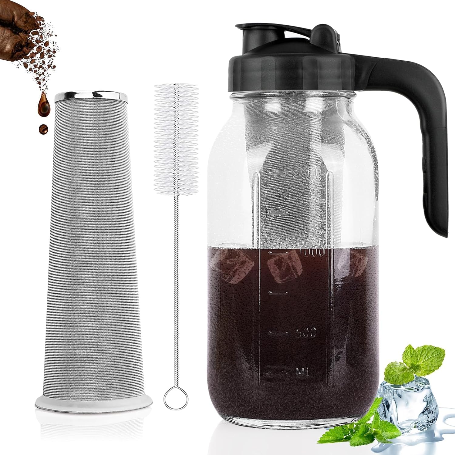 Cold Brew Coffee Maker Pitcher, 64 Oz Heavy Duty Glass Mason Jar Pitcher with V-shaped Pour Spout Handle