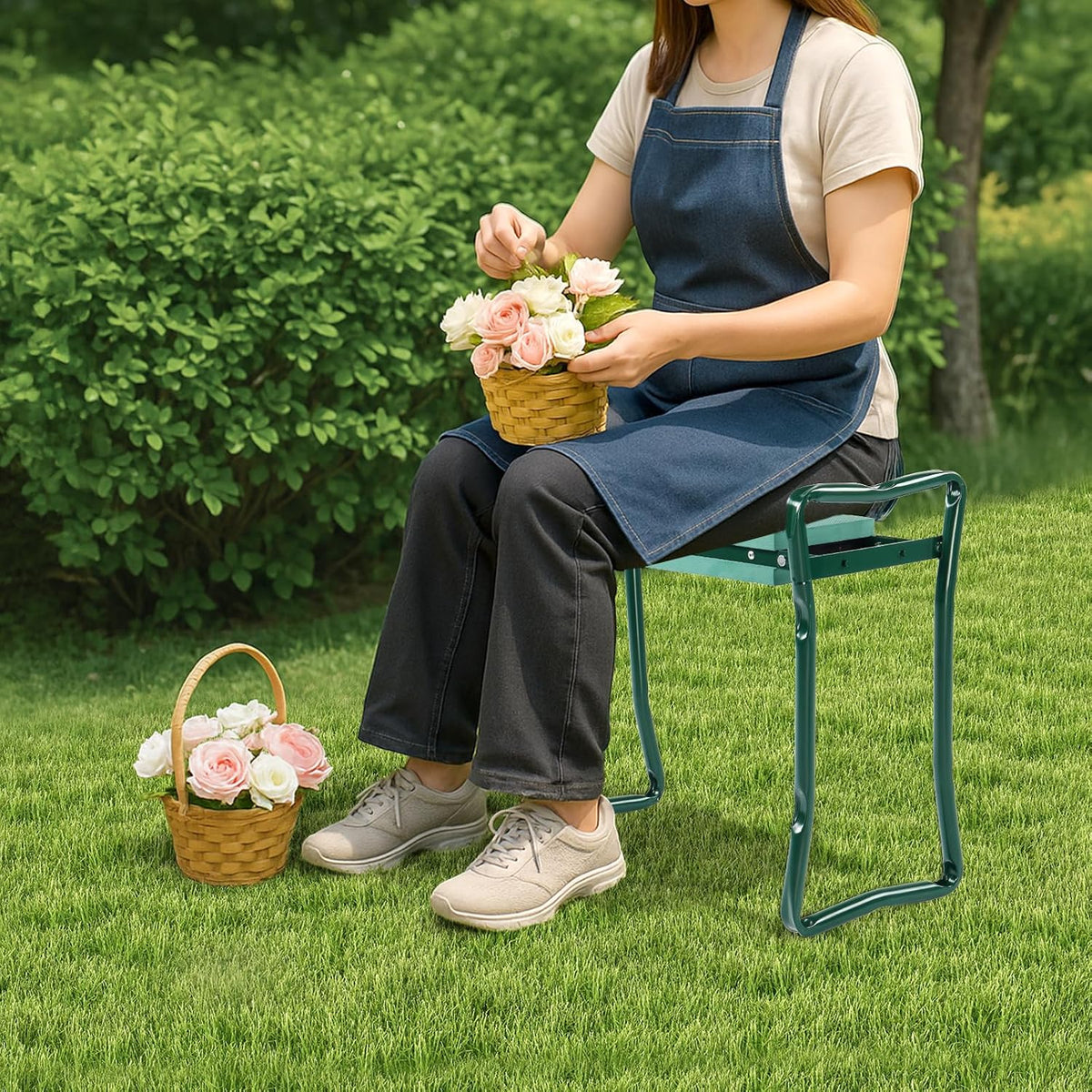 24in Foldable Garden Kneeler and Seat with Tool Pouch, 2-in-1 Function Portable Thicken Soft Kneeling Pad Garden