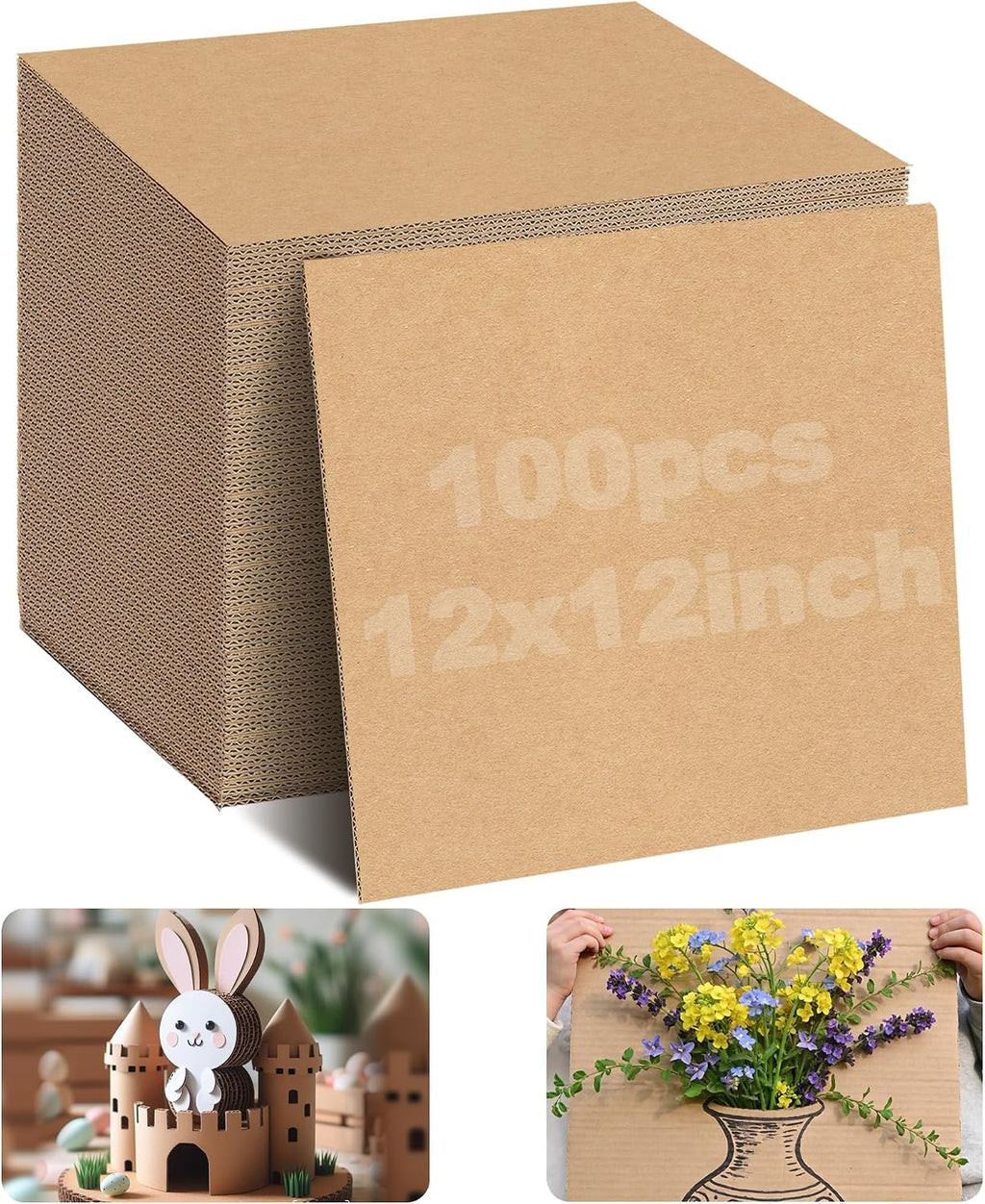 100 Pack12x12 Inch Corrugated Cardboard Sheets, 2mm Thick Flat Cardboard