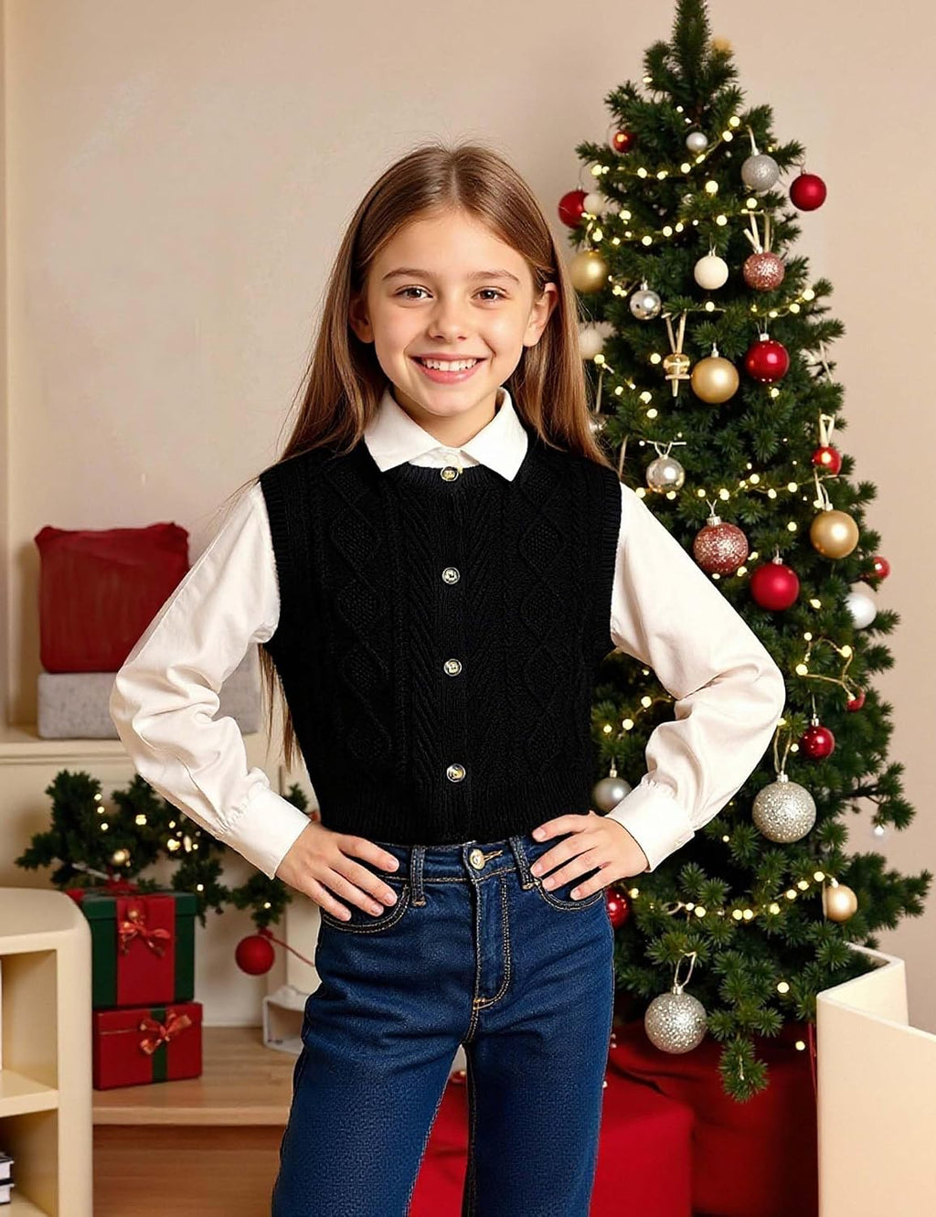 Kid Girls Sweater Vest Sleeveless Button Down Knit Cardigan School Uniform Sweater Vest Top 5-13Y