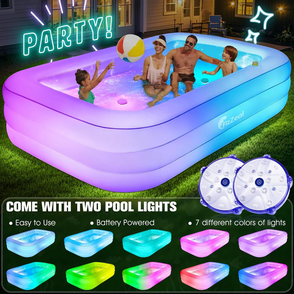 Inflatable Pool with Pool Lights and Seat, Durable Thickened Large Size Family Inflatable Pools for Adults Blow Up