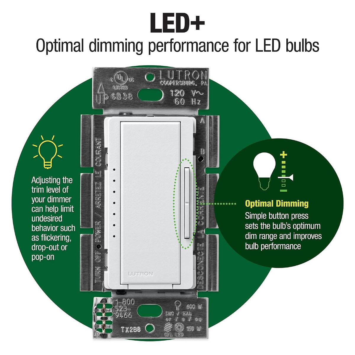 Lutron Maestro LED+ Dimmer Switch, Tap Dimmer, Single Pole/3-way