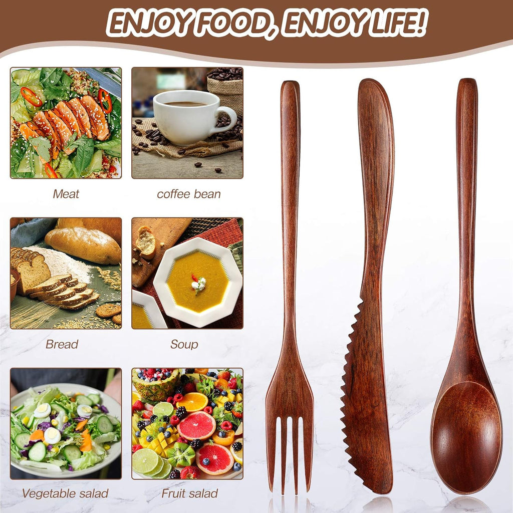 24 Pcs Wooden Utensils for Eating Wooden Spoon Fork Knife Set