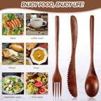 24 Pcs Wooden Utensils for Eating Wooden Spoon Fork Knife Set