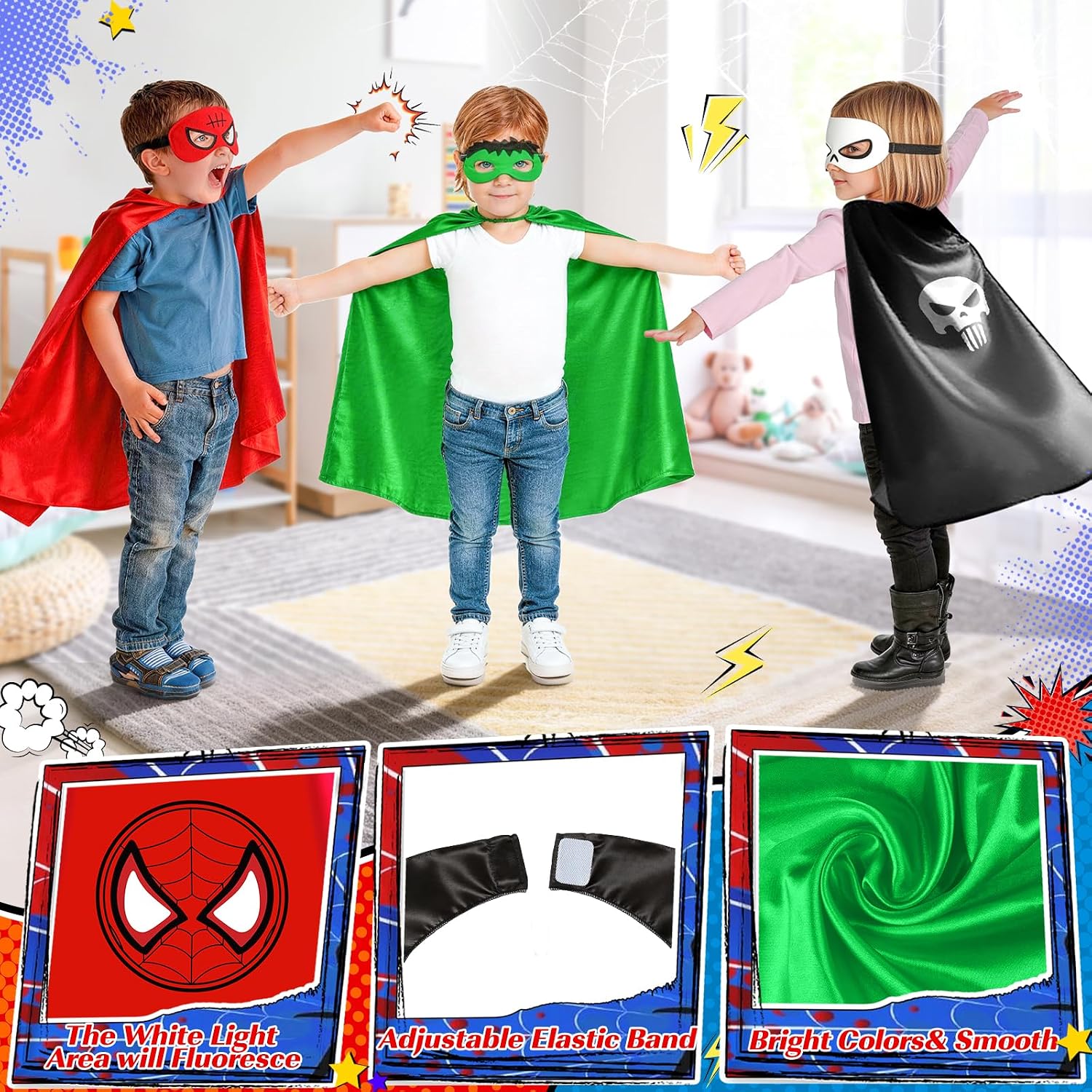 Glow in the Dark Superhero Capes, Halloween Costumes for Kids 3-12 | Finger Lights and Masks for Christmas, Birthday