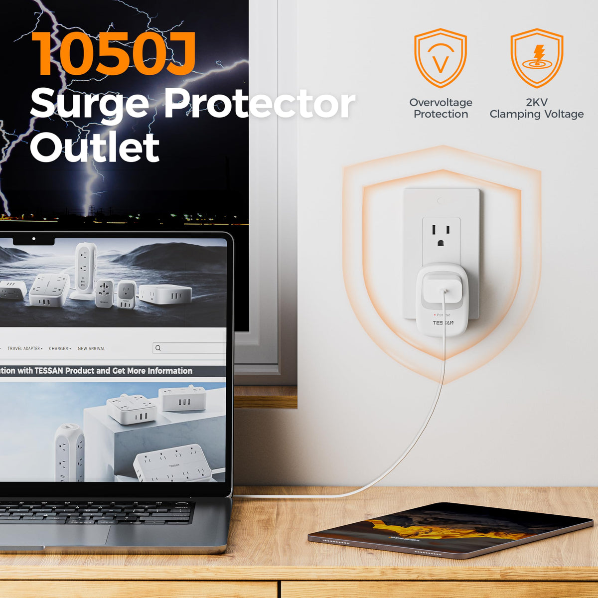 TESSAN Single Outlet Wall Surge Protector with 1050J Surge Protector, Grey