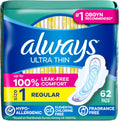 Ultra Thin Feminine Pads with Wings for Women, Size 1, Regular Absorbency, Unscented, Up to 100% Leak-Free