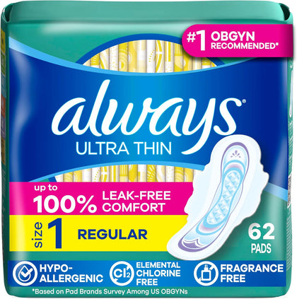 Ultra Thin Feminine Pads with Wings for Women, Size 1, Regular Absorbency, Unscented, Up to 100% Leak-Free