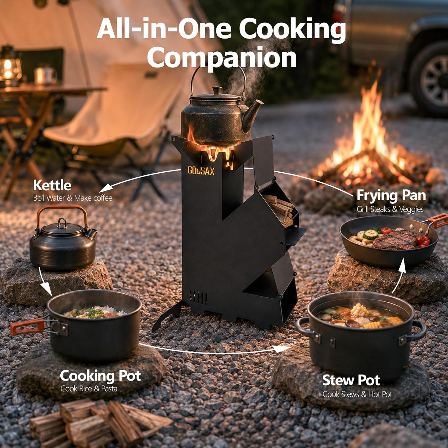 Rocket Stove Portable Wood-Burning Camping Stove with Storage Bag | 1.8mm steel,130lbs downward load,6.33lb