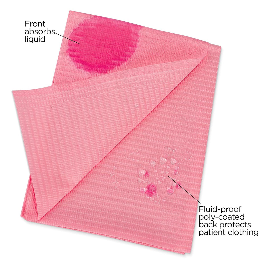 125 Pack Pink Disposable Patient Bibs, 18" x 13", 3 Ply Waterproof Paper Bib Sheet with Poly Back, Dental, Medical
