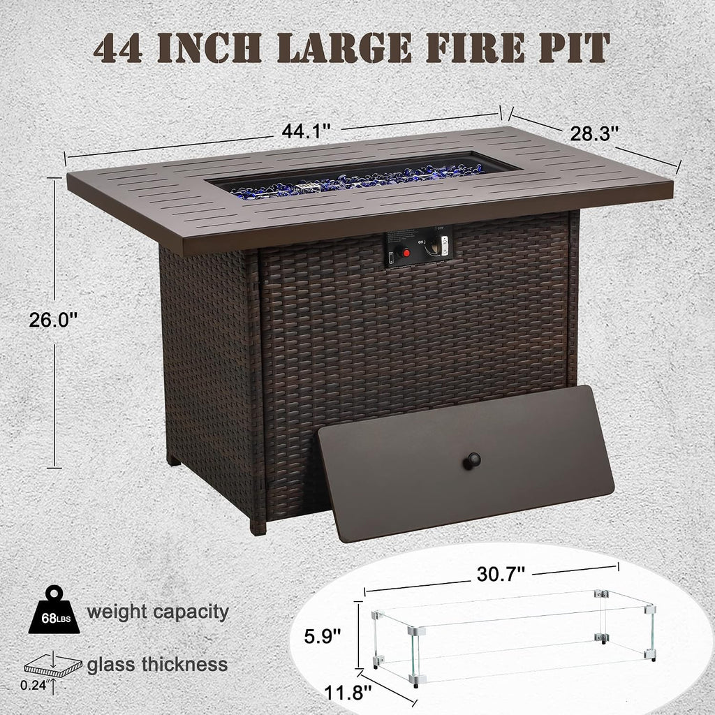 Propane Fire Pit Table,44 Inch 55000 BTU Outdoor Gas Fire Pit Rectangular with Glass Wind Guard for Outside Patio