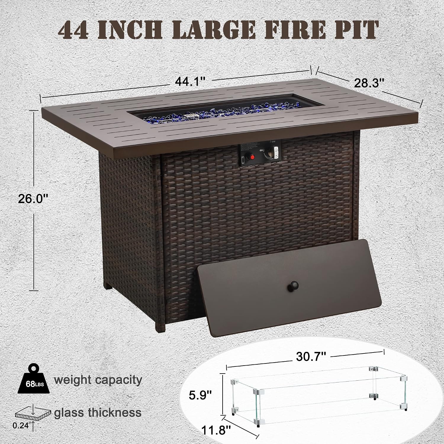 Propane Fire Pit Table,44 Inch 55000 BTU Outdoor Gas Fire Pit Rectangular with Glass Wind Guard for Outside Patio