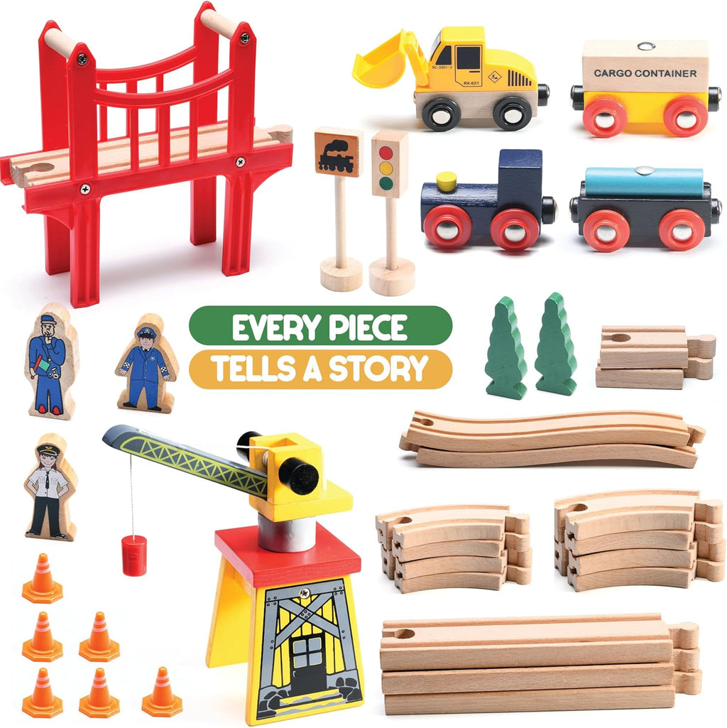 Wooden Train Set Toddler Toys - 38 Pieces Wood Train Track Set for Toddlers 3-4 Years with Crane, Bridge & Accessories