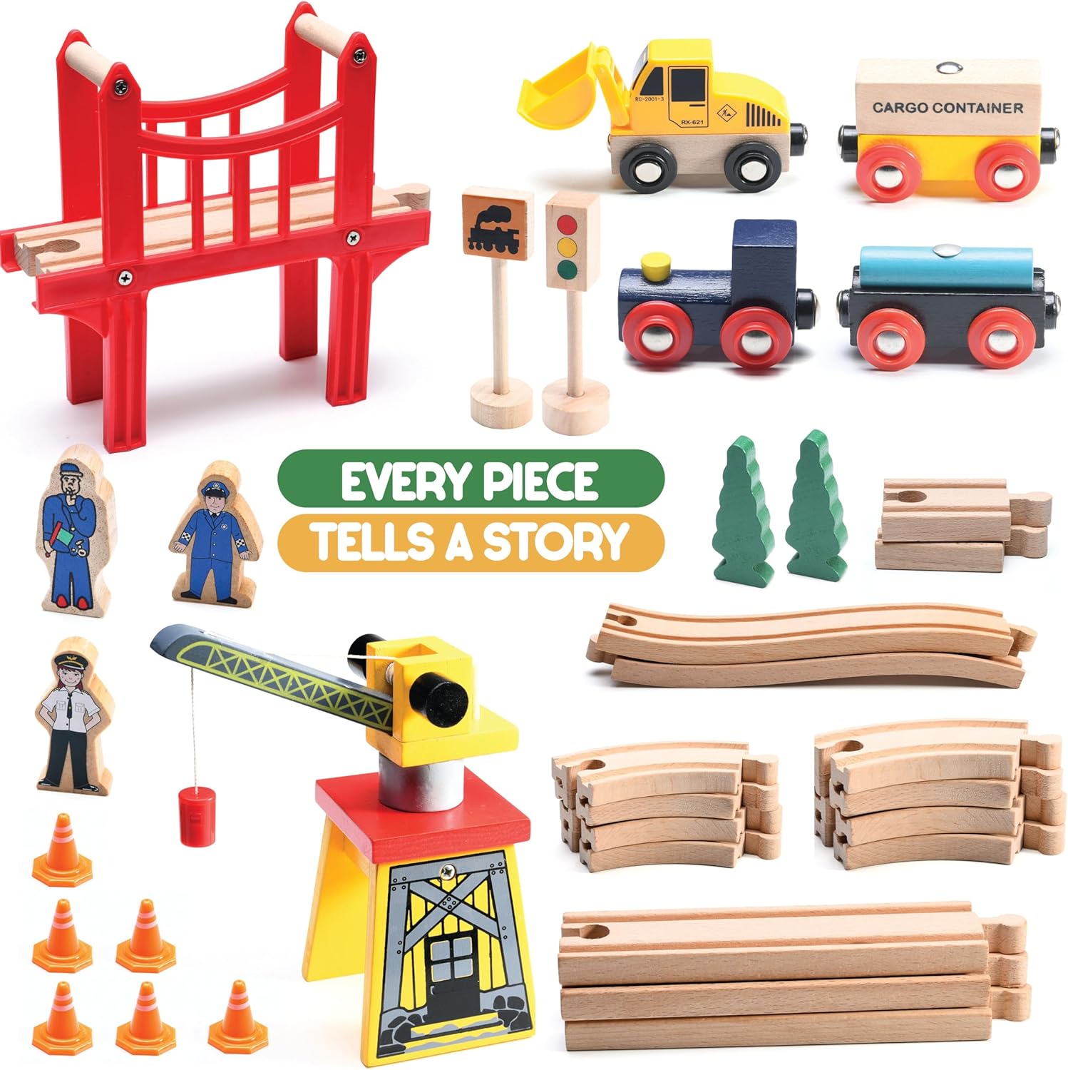 Wooden Train Set Toddler Toys - 38 Pieces Wood Train Track Set for Toddlers 3-4 Years with Crane, Bridge & Accessories