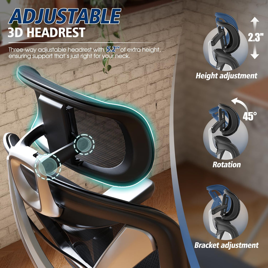 Ergonomic Office Chair, Big and Tall Mesh Chair with Lumbar Support, 3D armrest - 215° Rotation, Adjustable Headrest