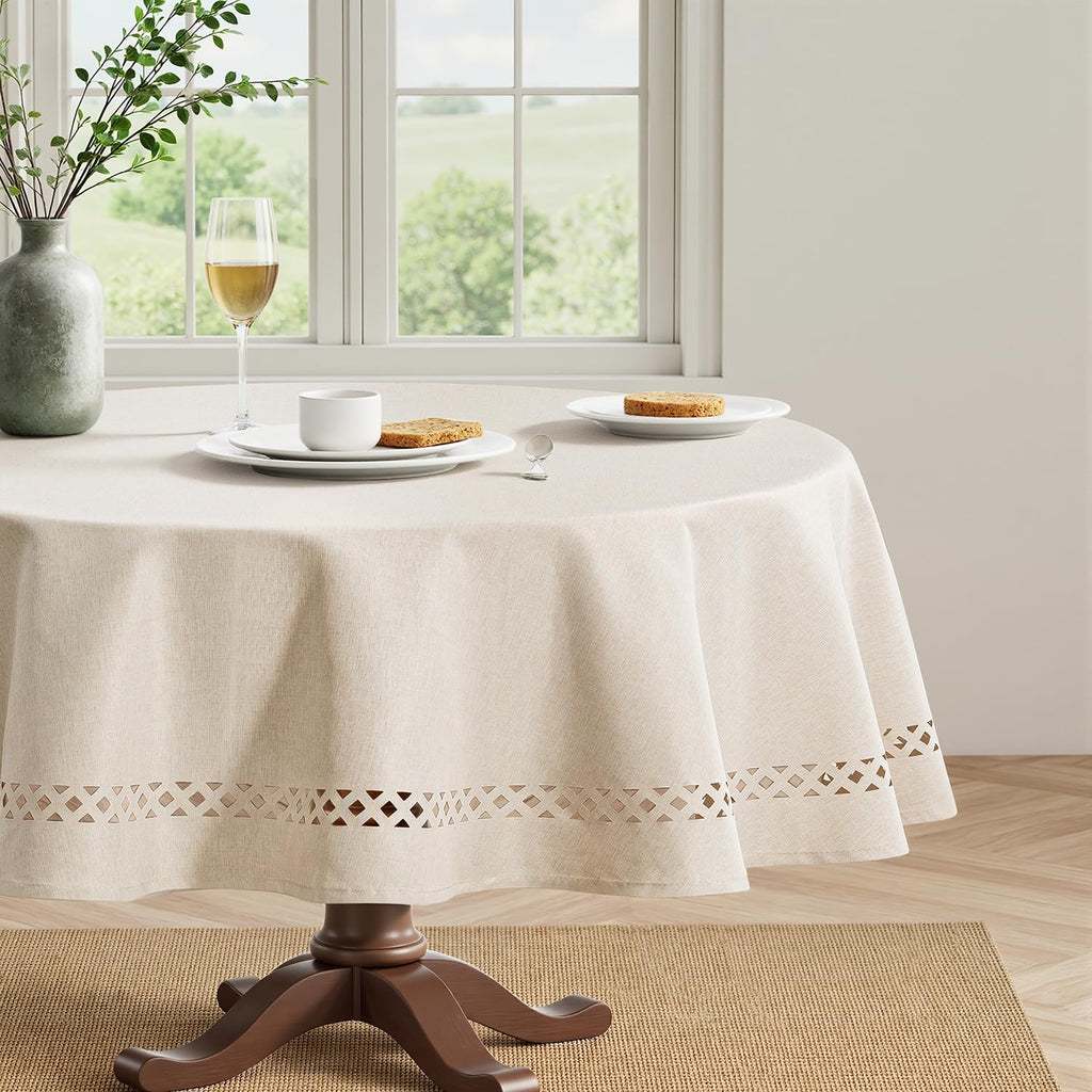 Beige 60 Inch Round Linen Tablecloth with Decorative Cutouts