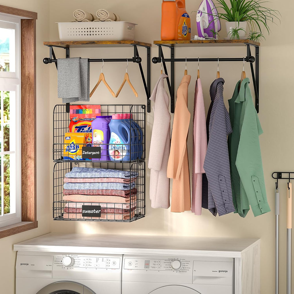 Laundry Room Shelves Wall Mounted with Wire Baskets, Over the Washer and Dryer Shelf with Clothes Drying Rack, Wire