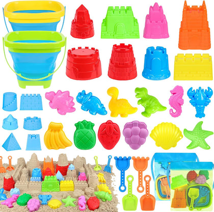 Beach Toys with Collapsible Buckets, Sand Castle Kit for Kids 3-12 | Castle Building Kit, 2 Buckets, 2 Shovels, 2