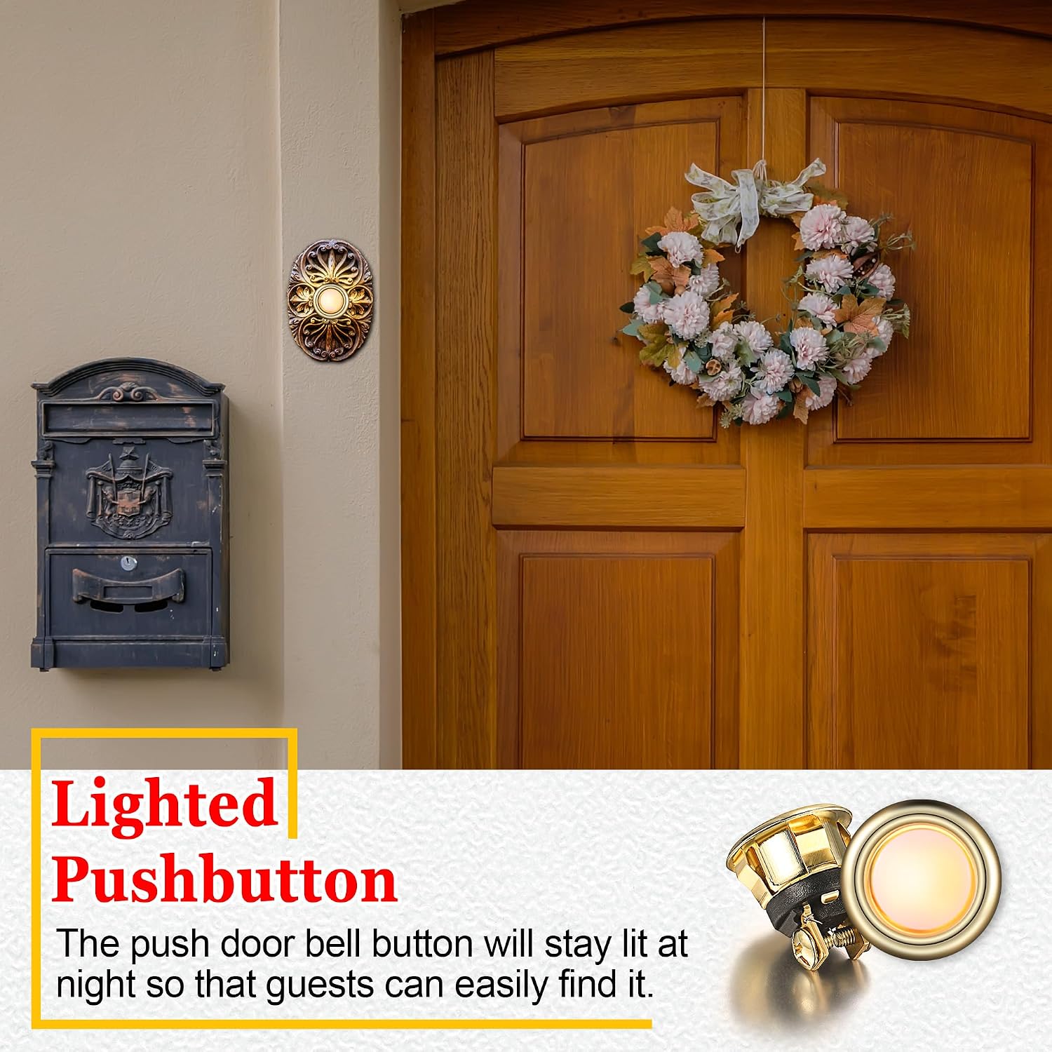 2 Pack Lighted Doorbell Button Replacement, Gold, Yellow Light | Easy to Install Wired Doorbell Button Push Door Bell