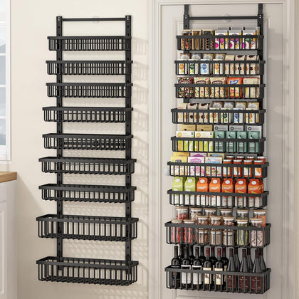 9 Tier Over The Door Pantry Organizer, 2 in 1 Wall Mount or Hanging Spice Rack with Adjustable Deep Basket