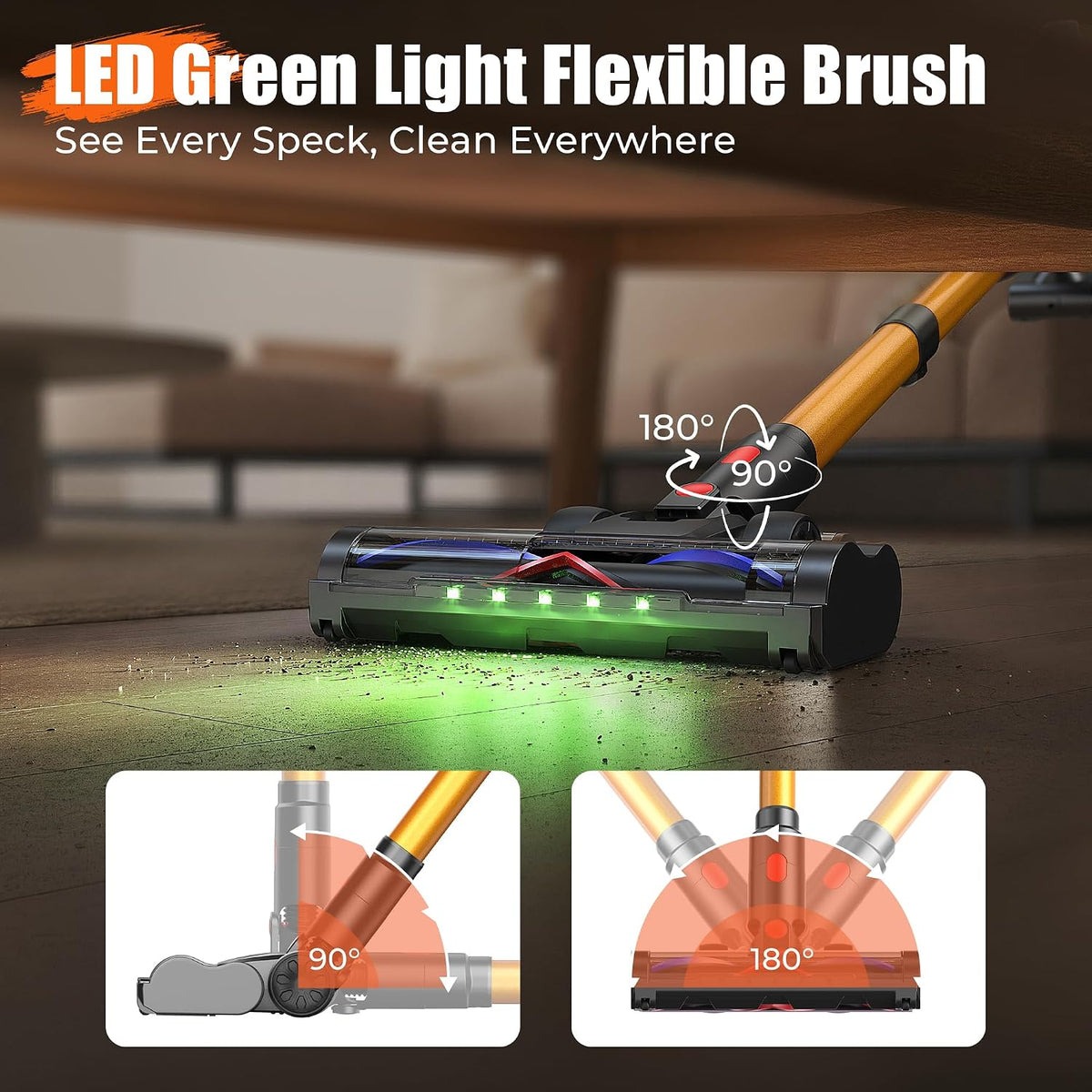 Cordless Vacuum Cleaner for Home, 55Kpa Suction, Up to 70-Min Runtime, Gold | 600W Bushless Motor, Self-Standing