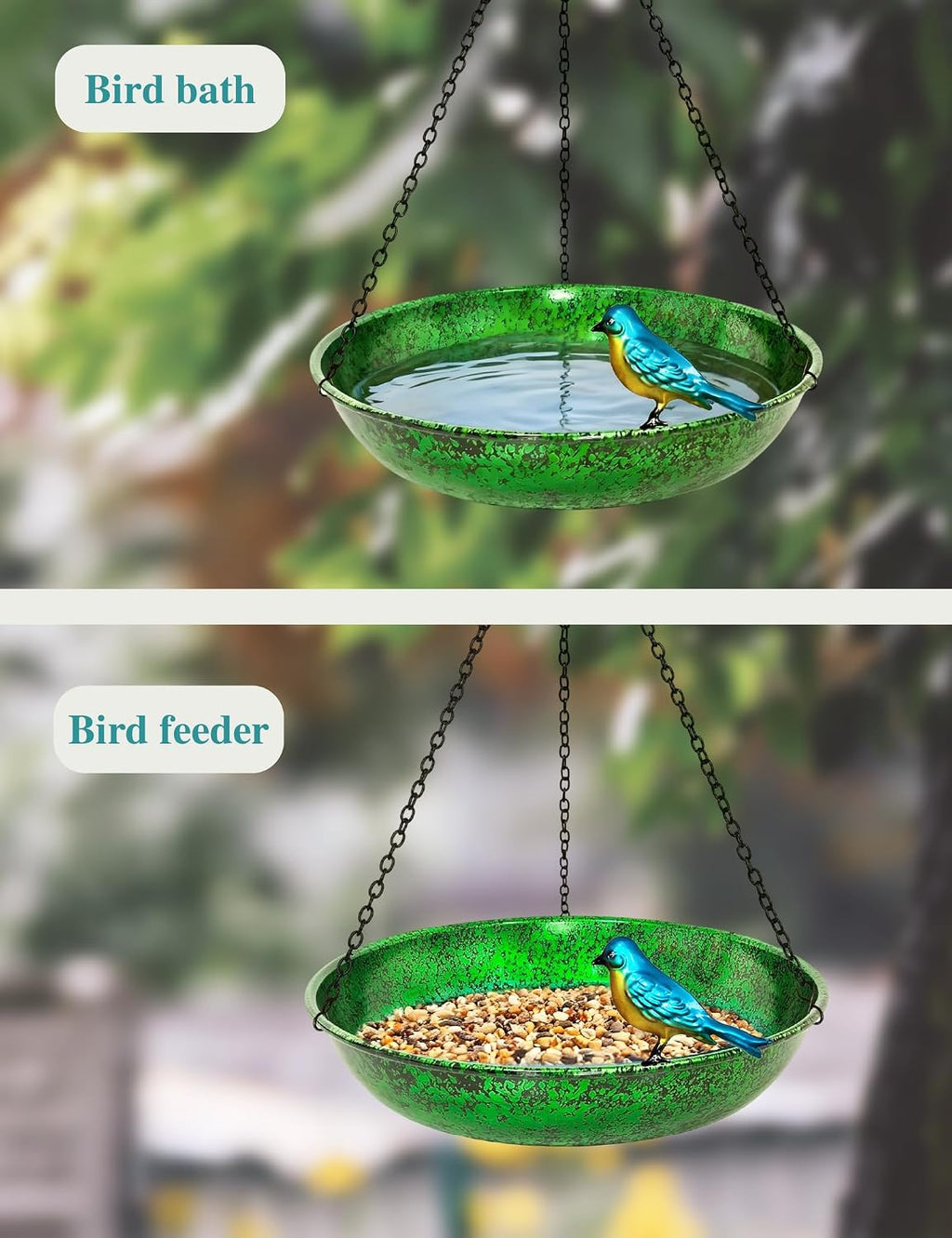 Hanging Bird Bath for Outside, 11" Green/Blue Metal Birdbath & Feeder Bowl