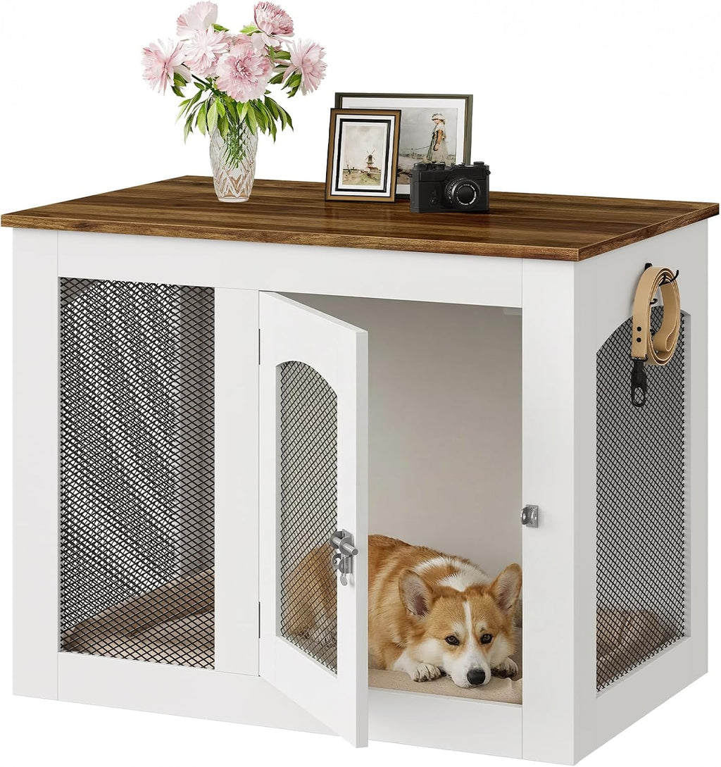 Wooden 30.1" Dog Crate Furniture, Farmhouse Pet Cage End Table with Secure Lock, Ventilated Mesh for Medium Dogs, Dog