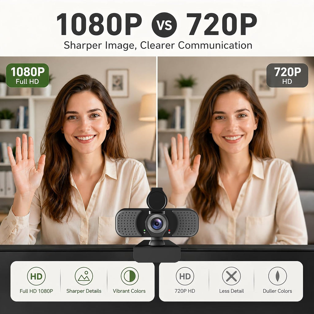 Full HD 1080P Webcam with Microphone, Noise-Canceling, Privacy Cover, Wide-Angle Lens, Auto Light Correction, Plug &