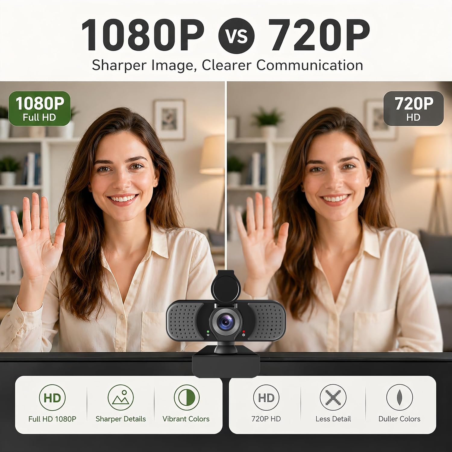 Full HD 1080P Webcam with Microphone, Noise-Canceling, Privacy Cover, Wide-Angle Lens, Auto Light Correction, Plug &