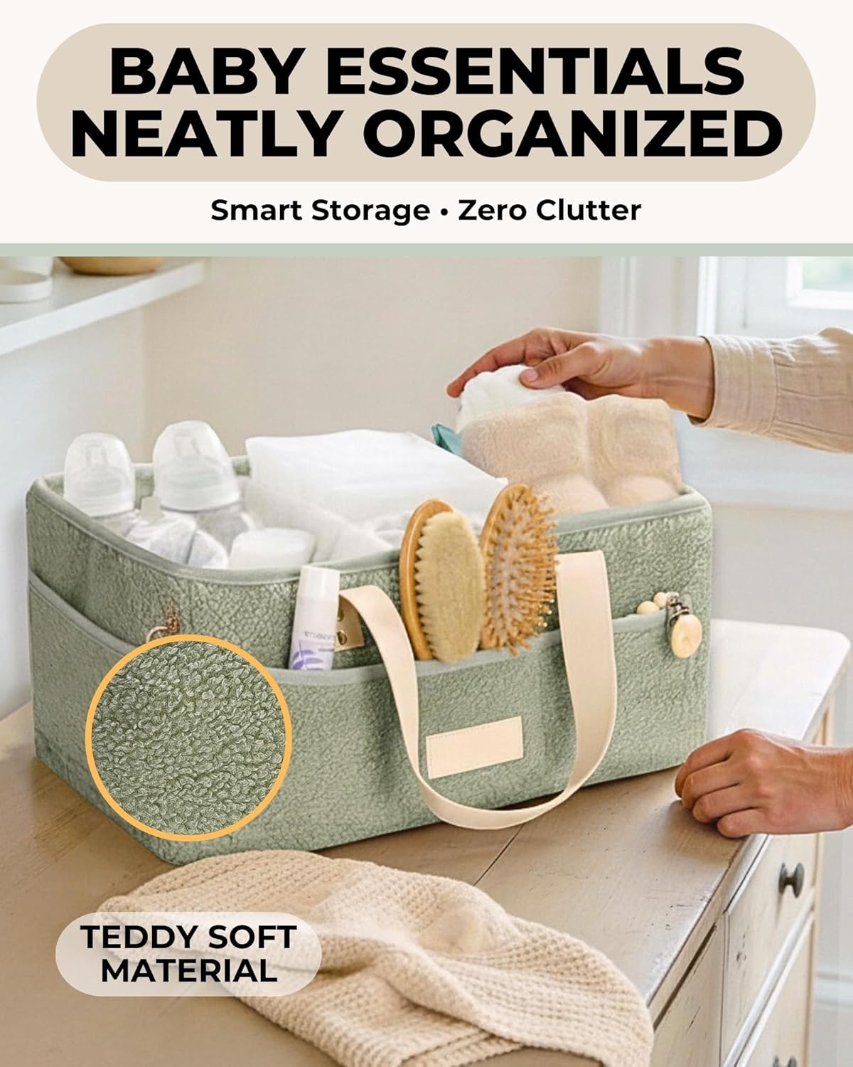 Baby Diaper Caddy Organizer with Portable Changing Mat - Teddy Fleece Diaper Organizer for Changing Table - Basket