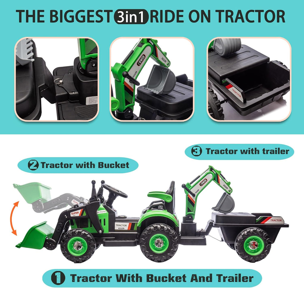 24V Ride on Excavator with 4-in-1 Construction Attachments (Excavator, Dump Truck & Bulldozer), Ride on Tractor