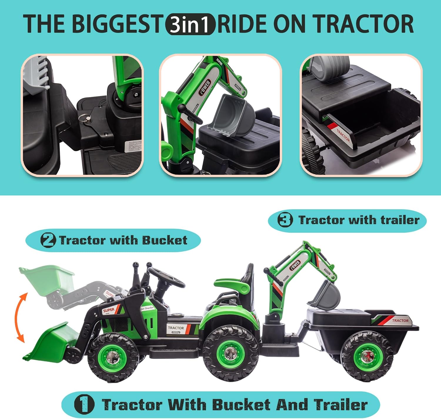 24V Ride on Excavator with 4-in-1 Construction Attachments (Excavator, Dump Truck & Bulldozer), Ride on Tractor