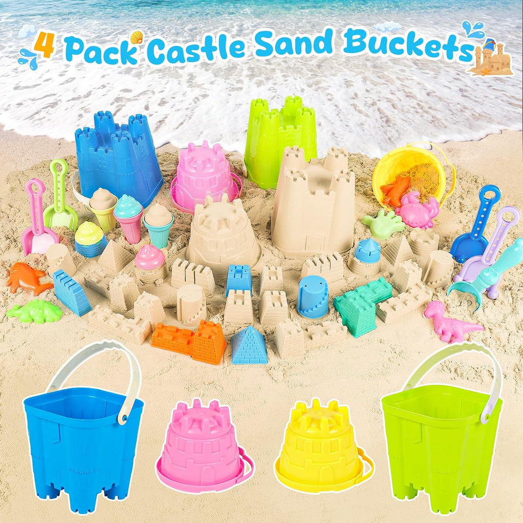 Beach Toys for Kids Toddlers, Sand Castle Toys with 4 Sand Bucket and Shovels, Mesh Bag & Molds, Ice Cream Travel